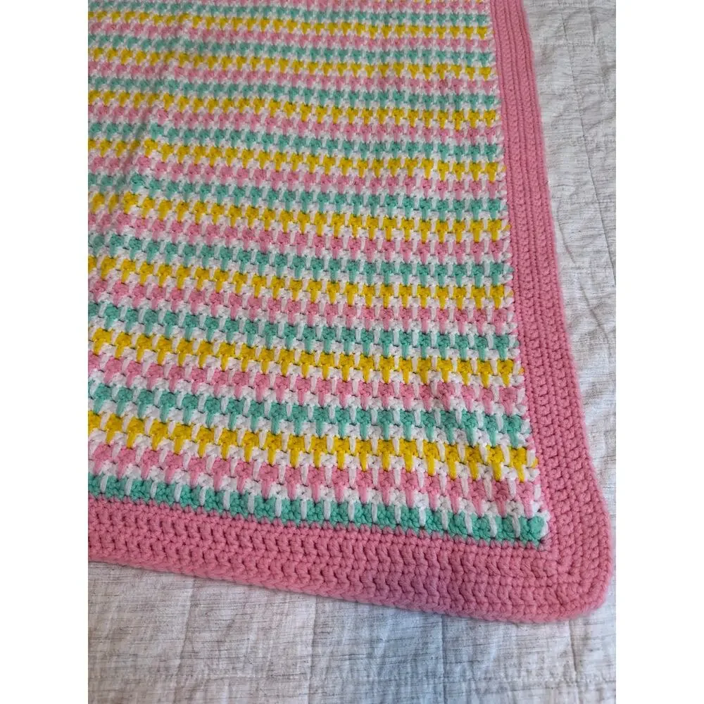 Handmade Crochet Unisex Baby Blanket Pink Yellow Blue Striped Pastels Granny VTG